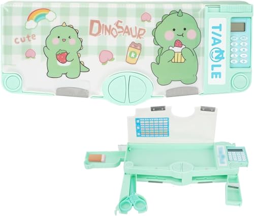 Image of KiddieWorld School Students Pencil Box with Calculator Cute Cartoon Stationary Compass for Boys Geometry Box with Inbuilt Scissor Ruler & Sharpener Magnetic Box Best Gifts (Dino Calculator)