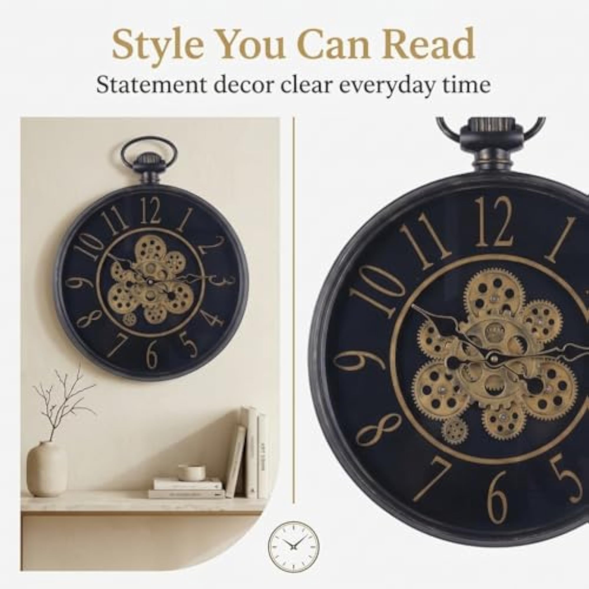 Large Decorative Wall Clock with Moving Gear