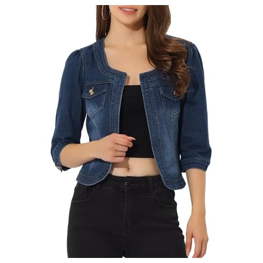 Allegra K Denim Jacket for Women's Collarless Cardigan 3/4 Sleeve Crop Jean Jackets Medium Dark Blue