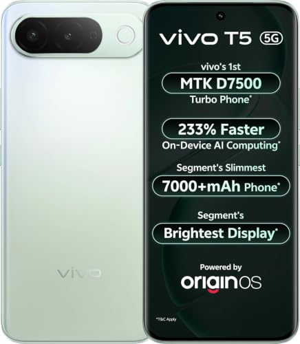 vivo T5 5G Smartphone (Silver Green, 6GB RAM, 128GB Storage) with 7050mAh Battery, 6.83-inch Curved AMOLED Display and 50MP + 8MP Rear Camera