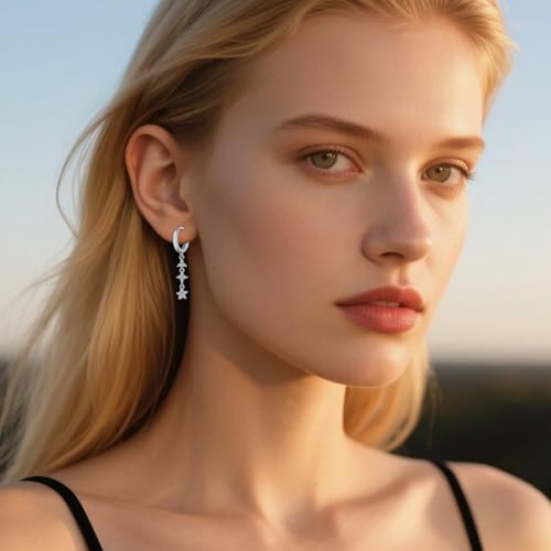 Reffeer Solid 925 Sterling Silver CZ Flower Chain Dangle Earrings for Women Teen Girls Chain Drop Hoop Earrings3