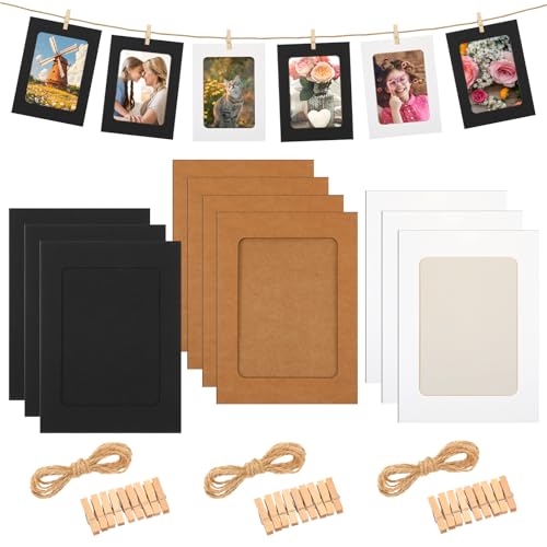 Xelsluthe 20PCS Paper Picture Frames, 4x6 Inch with Wood Clips and Jute Twine, Hanging Photo Display Banner for Wall Decor, DIY Picture Holder for Home Office Wedding Party Decor