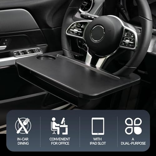 Image of Oshotto FT-06 Dual Purpose Car Steering Wheel Rack Desk Vehicle seat Gap Organizer Dinning car Tray Table Cup Holder for All Cars (Black)