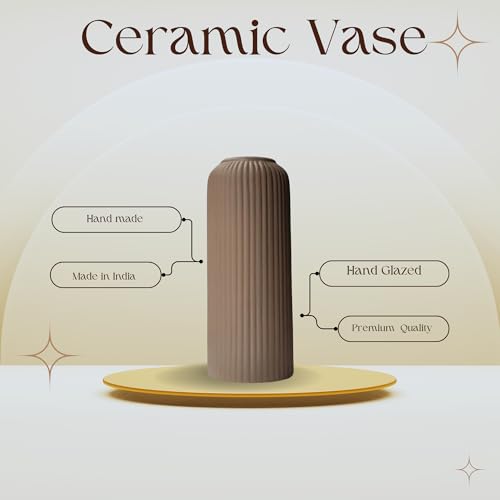 Image of KREATIVE ART'S Modern Ribbed Design Ceramic Flower Vase for Living Room, Flower Pots for Artificial Flower, Home Decoration Item, Home Decor, Vases for Living Room (Beidge, Medium)