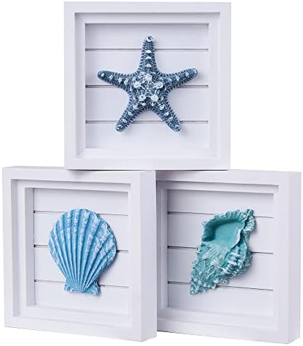 LODOCAVE 3D Art Beach Wall Decor , Coastal Decor for Home(6.3"x6.3"), Ocean Decorations Sets for Bedroom, Bathroom ＆ Living room, Suitable for Beach theme room ＆ Beach House Decor, Seashell Starfish Decor
