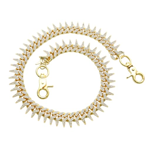 DIKJAK Spiked Rhinestone Chain for Jeans & Necklace - Edgy Streetwear Side Pants Chain Accessory with Studs, Unisex Gothic Punk Waist Chain Gift Gold