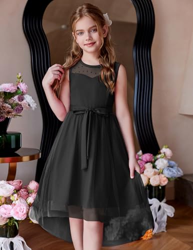 Image of Arshiner Girls Dresses Formal Party Wedding Tulle Sleeveless Contrast Mesh High Low Dress with Belt