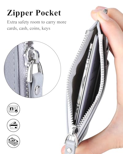 Image of Teskyer Slim RFID Wallet for Women, Small Card Holder with Zip Pocket, Grey, 3.5 inch x 4.7 inch, Minimalist | Zip Pocket for Cash Coin, 1 ID Window & 7 Card Slots, Ultra Slim Design, D-Ring for Neck Lanyard, for Daily Carry and Travel