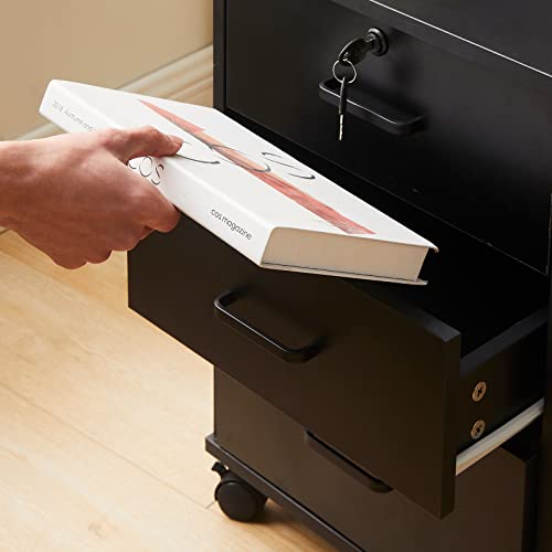 Clipop Mobile Office Cabinet With 3 Lockable Drawers, Under Desk Rolling Vertical File Cabinet With 4 Wheels For Letter/Legal /A4 Size Documents, Wooden Storage Cabinet For Home Office (Black) #TOP6