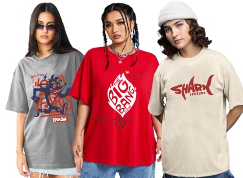 Image of LEOTUDE Women Cottonblend Oversized Baggy Fit Half Sleeve Round Neck Multicolor Combo T-Shirt for Women & Girls (Pack of 3)
