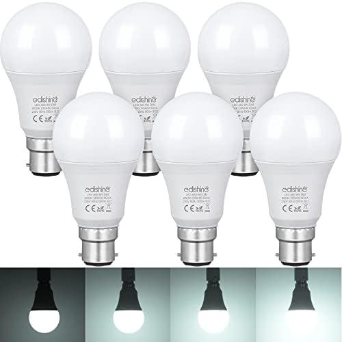 EDISHINE 6 Pack Dimmable Bayonet Light Bulb, Cool White 6500K, 60W Incandescent Equivalent, 9W 800LM B22 LED Bulb, A60 Bayonet Light Bulb, Energy Saving Light Bulbs