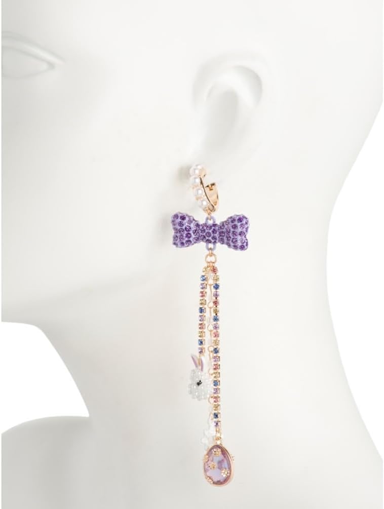 Betsey Johnson Easter Bunny Drop Earrings, Crystal Bow Design, Mismatched Pink and Purple