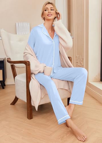 Image of Ekouaer Pajamas Women's Long Sleeve Sleepwear Soft Button Down Loungewear Pjs Lounge Set Nightwear XS-XXL