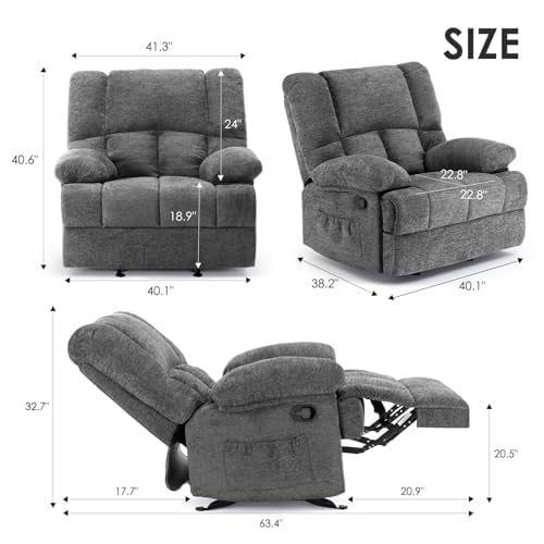 Image of Oversized Rocker Recliner Chair for Adults, Wide Rocker Chair with Adjustable Backrest Footrest, Oversized Reclining Sofa for Living Room, Bedroom, Gray
