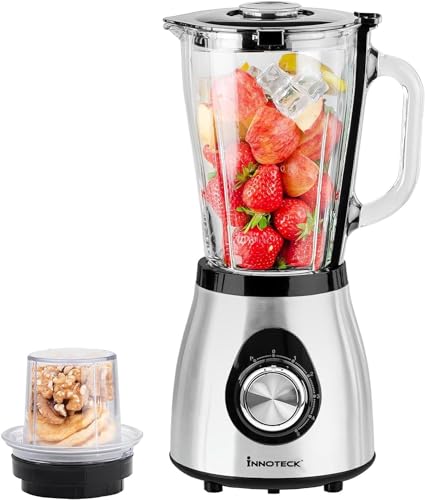 Innoteck Kitchen Pro 1.5L 500W Mixer & Food Processor Speed Blender with Glass Jar, 5-Speed Control, Pulse, Smoothie Maker, Stainless Steel Blades, Bean Grinder & Spice Mill – Ice, Juice, Milkshake