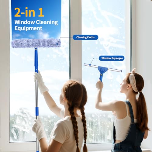 Window Cleaning Equipment 3.2M Window Squeegee Cleaner Tool Kit With Long Handle Window Washing Squeegee Cleaning Microfiber Scrubber For Home Shower Glass Mirror Door Car - 3