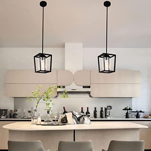 Puupa Farmhouse Pendant Light With Clear Glass Shade, 1-Light Black Iron Cage Metal Pendant Light Fixture With Lantern Design Hanging Light #TOP5
