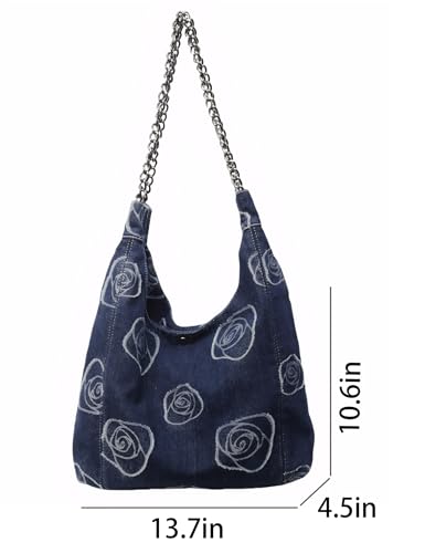 Denim Hobo Tote Bag for Women，Jean Casual Shoulder Purse with Floral Pattern、Chain Strap4