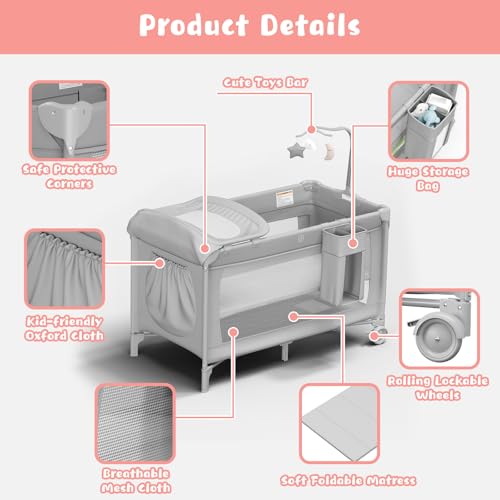 Image of 4 in 1 Pack and Play with Changing Table Diaper Organizer & Mattress, Foldable Baby Bassinet Bedside Sleeper, Portable Large Travel Crib Playpen for Newborn to Toddles (Grey)