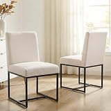 VESCASA Linen Upholstered Dining Chairs Set of 2, Mid Century Modern Padded Chair with Black Metal Frame for Restaurant, Dining Room, Kitchen, Cream