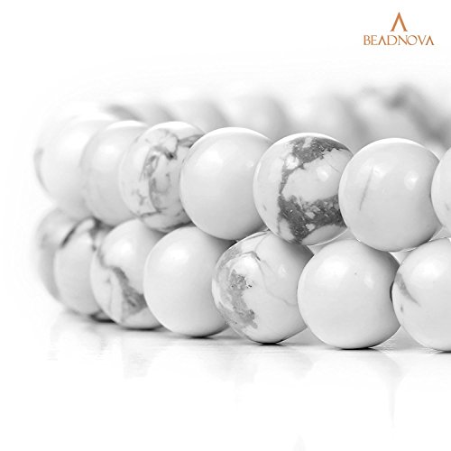 Image of BEADNOVA Natural White Howlite Beads Natural Crystal Beads Stone Gemstone Round Loose Energy Healing with Crystal Stretch Cord for Jewelry Making (6mm, 62-64pcs)