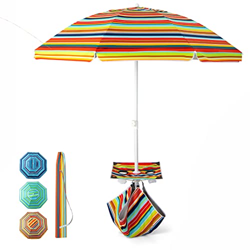 GOPLUS Sombrilla de Playa con Mesa de 2 Portavasos y Bolsa de Arena, Sombrilla Terraza Ajustable de Protección de Solar UV 50+, Sombrilla Portátil para Jardín Playa Piscina, 176×156-196CM