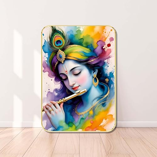 Image of SAF Lord Krishna Flute Wall Art | Vibrant Color Splash Krishna Painting with Peacock Feather | Spiritual MDF Wall Decor for Living Room, Bedroom, Temple & Gift Purpose (18 x 24 Inch) ETNF01-1026
