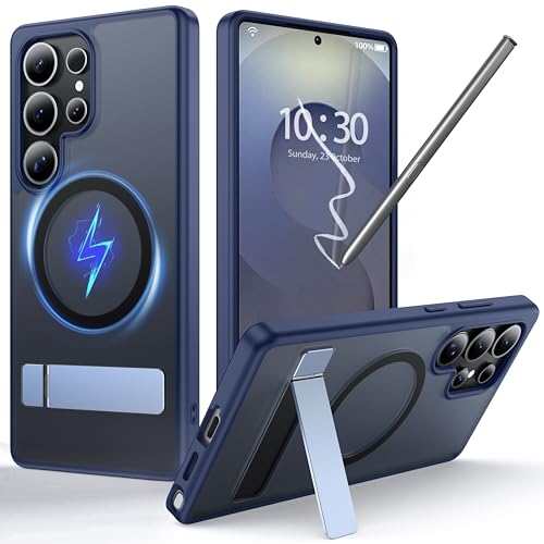FNDMIL Coque pour Samsung Galaxy S25 Ultra avec MagSafe [Béquille Invisible][Charge en Position Debout][Militaire Antichoc] Pare-Chocs en Silicone Souple Mat Translucide pour S25 Ultra Mince, Bleu