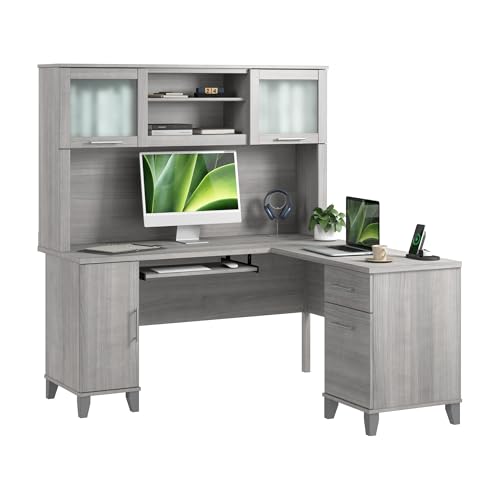 Bush Home 60-Inch L-Shaped Desk with Hutch, Corner Computer Office Desk with File and Box Drawers, Shelves and Storage Cabinet, Home Office Workstation, Somerset Collection, Platinum Gray