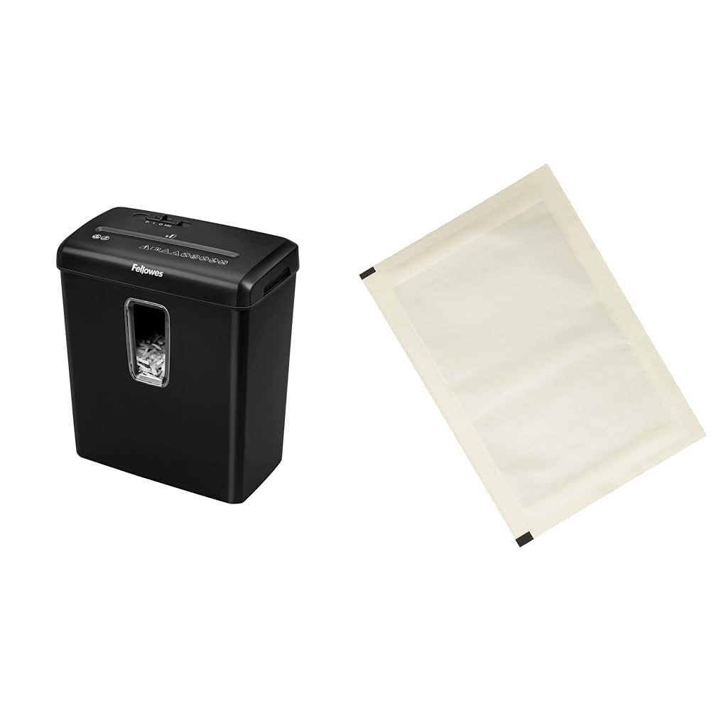 Fellowes Aktenvernichter 6 Blatt Partikelschnitt (P4) & Amazon Basics - Schmiermittelblätter für Aktenvernichter, 12er-Pack Automatisch, Mikroschnitt, Weiß