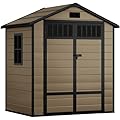 DWVO 6x4.4 FT Resin Storage Shed with Fence-Style and Side Windows, Lockable Door, and Vents for Garden, Backyard, Patio, Lawn, Brown