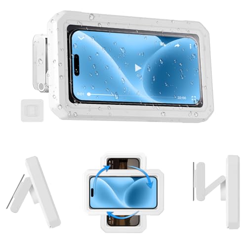 HOTUT Support de Téléphone de Douche Étanche, Étui Téléphone Mural Rotation à 360°, Support Universel pour Douche Salle de Bain Cuisine pour Moins 7' Phone, Écran Tactile Haute Définition - Blanc
