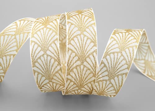 finemark 20 m x 25 mm Art Nouveau Cream Ivory Gold Gift Ribbon Bow Ribbon Decorative Shiny Ribbon Christmas Party Wire Edge Ribbon Decorating Craft Gift Wrapping