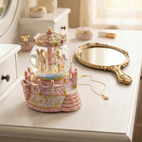Carousel Music Box for Daughter, Pink Carousel Snow Globe Gift for Girls Wife Women Girlfriend Birthday Christmas Anniversary Luxury Gifts for Her Play Castle in The Sky