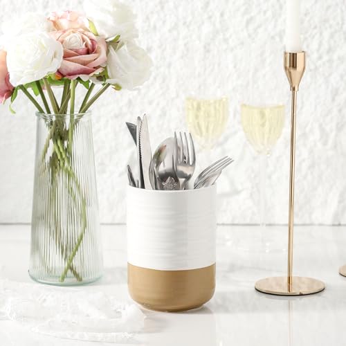 HASENSE Ceramic Utensil Holder for Counter, 7.4"+5.5" Large Kitchen Utensil Organizer for Kitchen Utensil, White Cooking Utensil Crock to Hold Spatulas, Farmhouse Decor, Set of 2 — view 4