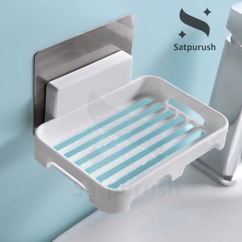 Image of Satpurush Self-Adhesive Soap Holder for Bathroom (Pack of 2) Wall Mounted No-Drill Soap Stand with Water Drainage | Strong Sticker Plastic Soap Dish for Wash Basin & Kitchen (White)