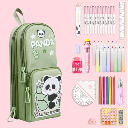 Image of Canvas School Bag Pencil Case, 3 Layer 6 Compartment Large Capacity, Aesthetic Pencil Pouch for Stationary, Cute Stationery for Kids, Pencil Case for Girls & Boys (Green)