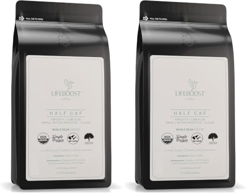 Image of Lifeboost Half Caff Medium Roast Whole Bean Coffee - Low Acid Organic Coffee, Non-GMO, USDA Organic, Single Origin, Third-Party Tested for Mycotoxins & Pesticides - 12 oz Bag (Pack of 2)