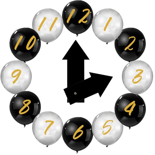 Gemscream 14 Pcs New Year Eve Party Decor Kit Wall Clock Countdown Balloons Set with Confetti Inside, Countdown Celebration Picture Ready Wall for Year End Decor Celebration (Black Sliver Gold)