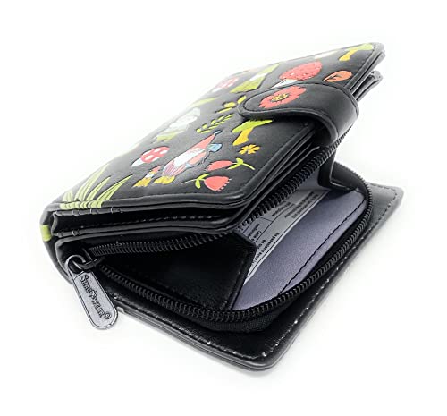 Shag Wear Gnome Forest Small Wallet for Women and Teen Girls Multiple Gnomes Mushrooms Plants Vegan Faux Leather Black 4.5"3