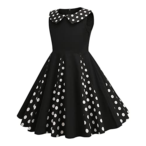 50'S Style Dress Girls Vintage Polka Dot Dress Doll Collar Patchwork Retro 50S Dresses Kids Audrey Hepburn Dresses 1950S Rockability Swing Dress Casual Skater Party Dress Black-Patchwork 9-10 Years #TOP1