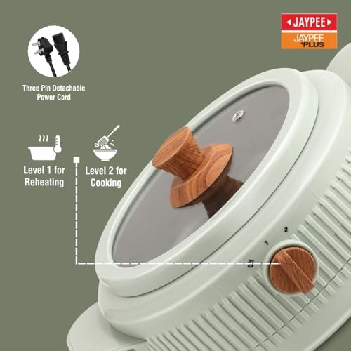 Image of Jaypee Plus Electric CookSmart Casserole with Teflon NonStick Coating Bowl for Reheating & Cooking, Serving Casserole Wooden Finish Lid & Regulator Knob Toughened Glass Lid, 1500 ml, Blue
