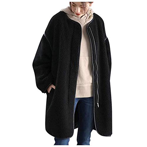 KEERADS Wintermantel Damen Lang Winterjacke Mantel Plüschjacke Japan Design Lässig Für Einfarbig Outwear Elegant Warm Flauschiges Coat Kragenlos Cover
