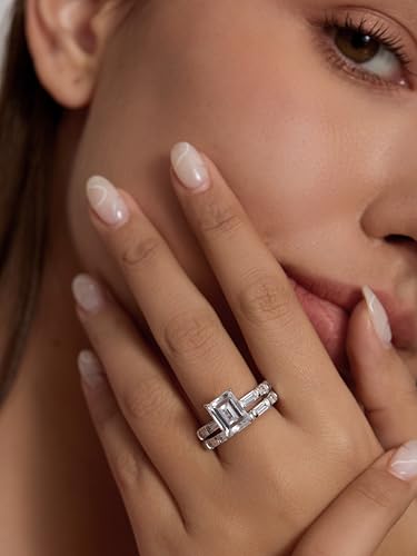 Michooyel S925 4ct Emerald Cut 2 in1 Engagement Wedding Ring Sets Baguette Wedding Ring Band Cubic Zirconia Sterling Silver Promise Ring For Women Women Ladies2