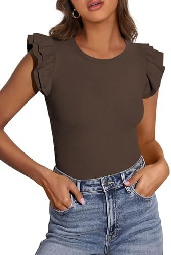 PRETTYGARDEN Womens Summer Crew Neck T Shirts 2026 Trendy Ruffle Sleeve Slim Fit Knit Going Out Tops Casual Spring Clothes