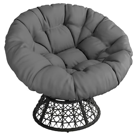 Yaheetech Rattan Papasan Moon Chair with Pads Soft Cushion, 360° Swivel Oversized Round Comfy Reading Armchairs Lounger for Living Room/Indoor/Outdoor, Grey