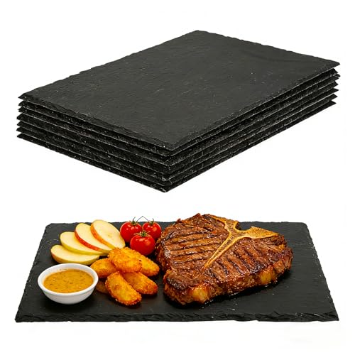 DASSNANE 8PCS 12 inch*8 inch Cheese Boards Black Slate Charcuterie Boards,Slate for Laser Engraving Natural Food Contact Safe Stone,Suitable for Gourmet Platter of Meat, Fruit, Party, Appetizers