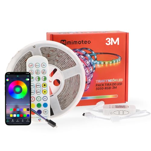 M mimotec - Striscia LED RGB, Luce ambientale LED 3 metri con adesivo, Impermeabile IP65, Controllo della musica con App, Dimmerabile multicolore in intensità, Striscia LED luminosa per feste, LM2402