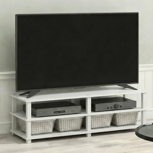 Image of Furinno Turn-S-Tube Toolless Assembly 3-Tier TV Stand, Entertainment Center for TV up to 55 Inch, Wide Printer Stand with Storage Shelf, for Living Room, Bedroom, White
