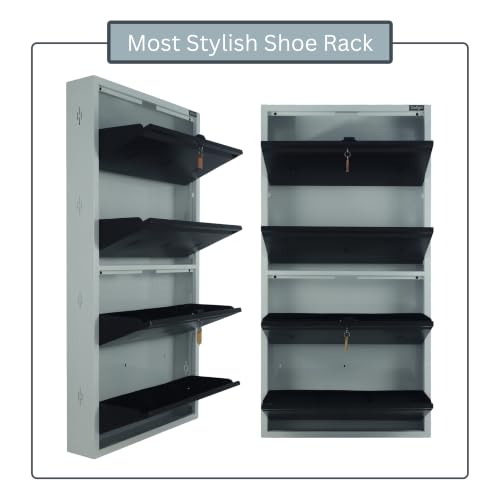 Image of Premium 4 Door Wall Mount Metal Shoe Rack | 30 inch Wide | Fits Size 12 | Dual Lock 2+2 Door Setup (Dark Brown, 4 Door)